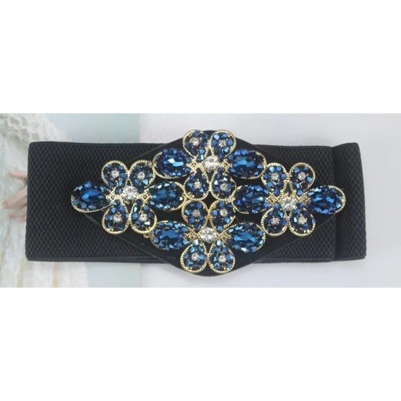 NEW 2/$30 Vintage Style Begonia Blue Rhinestone Floral Stretch Belt Snap Closure - Picture 4 of 8